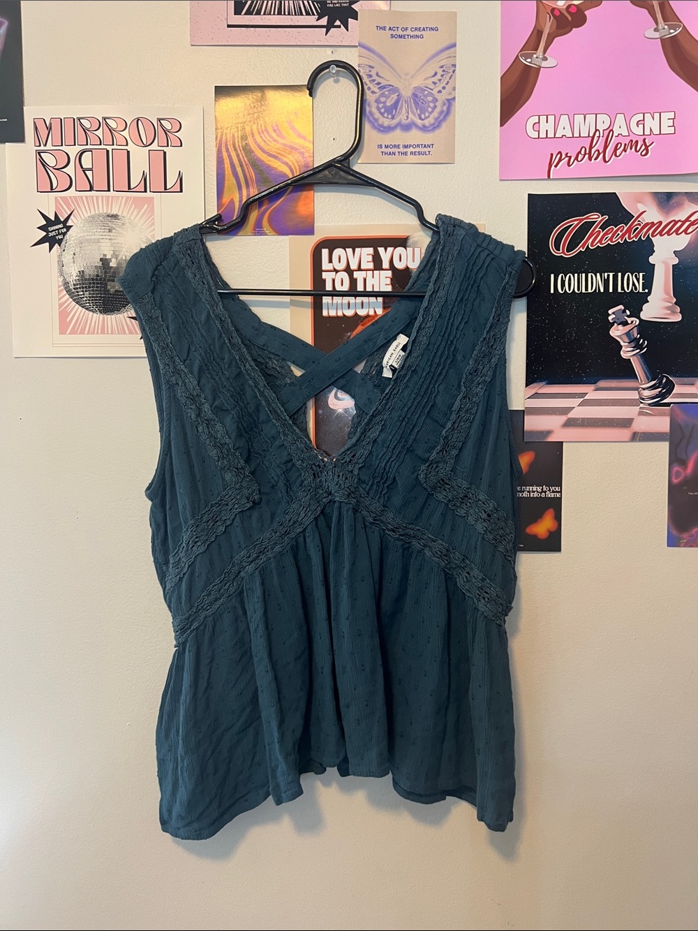 American Eagle Outfitters Blue Green Lace-Trim Crisscross Tank